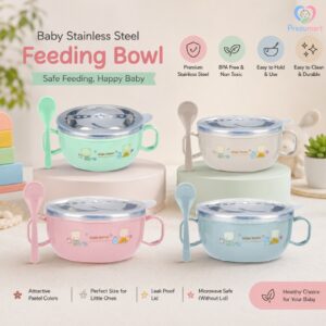 Baby Stainless Steel Feeding Bowl with Lid & Spoon
